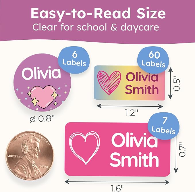 Personalized Daycare Name Labels for Kids [70pcs, Forever] - Waterproof Name Stickers for School, Baby Bottles & Clothing - Custom Name Stickers - Washable Stick On Labels (Various Sizes)