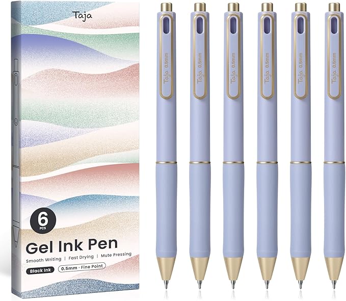 Taja Gel Pens, 6 Pcs Quick Dry Black Gel Ink Pens, 0.5mm Fine Point Smooth Writing Pens for Journaling and Note Taking, Cute Aesthetic Pens for Women & Men-Purple