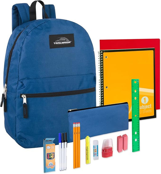 Trail maker Backpack with School Supplies for Kids - 20 Piece Back to School Supplies with 17" Backpack (Navy)