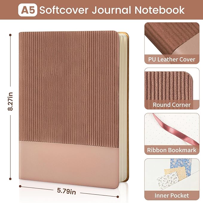 Dotted Journal Notebook Soft Cover PU Leather Journaling Notebooks for Women Men Writing Work Office School 160 Pages 100 GSM Thick Paper A5 Dotted 80 Sheets 5.79"x8.27", Dark Pink