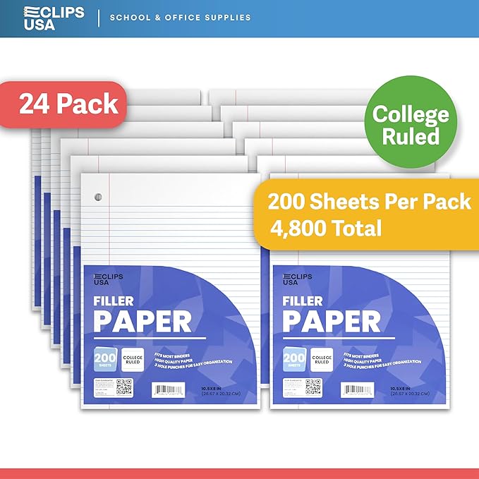 Loose Leaf Paper College Ruled Notebook Paper College Ruled Lined Writing Filler Paper 10.5” x 8” 4800 Sheets 200 Sheets Per Pack 60 gsm (24 Pack)