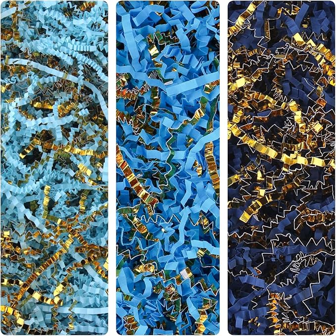 Crinkle Cut Paper Shred Filler 8 oz (1/2 lb) Gift Wrapping & Gift Basket Filler for Christmas, Halloween & Wedding Decorations,Easter Basket Grass Filler ,Crafting Activities (Lake Blue and Gold)