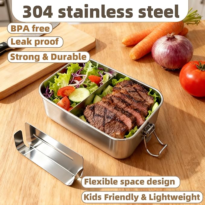 Adult Stainless Steel Lunch Box, 40oz/1200ml Metal Bento Box Removable Dividers, Reusable Food Storage Containers with Lids Leak Proof for Travel, Work, Picnic, Home