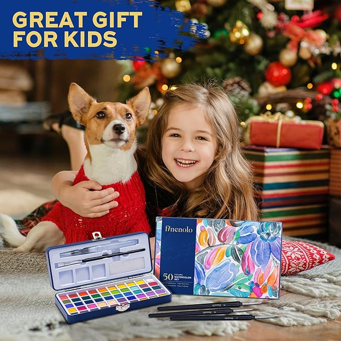 Finenolo 50 Colors Watercolor Paint Set with 8 Brushes (Water Brush + Detail Brushes), Mixing Palettes & Complete Accessories, Perfect for Beginners,Great for Outdoor Sketching, Painting Creation, Holiday Gifts