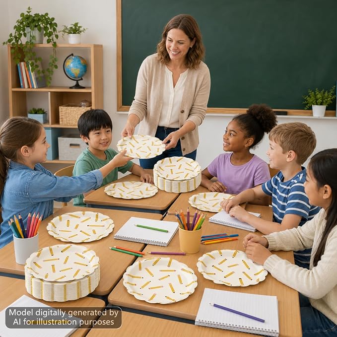 50PCS Back to School Pencil Paper Plates First Day of School Season Theme Party Decor Disposable Pencil Paper Dessert Plates Tableware Set for Graduation Kindergarten Gathering Birthday Party Supplies