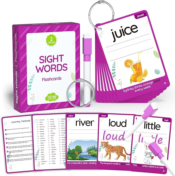 WJPC 55 Cards, 106PCS High Frequency Sight Words Flash Cards (Second-Grade), 1st, 2nd, 3rd Grade, 7,8,910,11 Years Ages Kids Boys Girls for Reading, Write, Association, Sentence Making