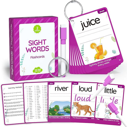 WJPC 55 Cards, 106PCS High Frequency Sight Words Flash Cards (Second-Grade), 1st, 2nd, 3rd Grade, 7,8,910,11 Years Ages Kids Boys Girls for Reading, Write, Association, Sentence Making