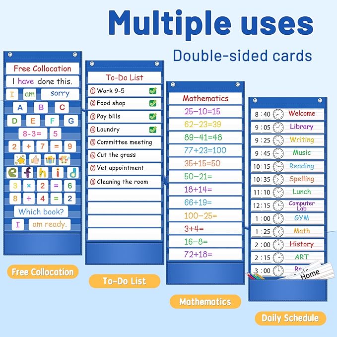 AKAYOK -13+1 Pocket Daily Schedule Pocket Chart, Ultra-Durable Visual Schedule for Kids -Pocket Chart for Classroom Office Home -Reusable Daily Schedule for Kids -Reversible Chart for Sentence Strips