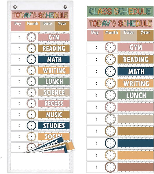JarThenaAMCS Modern Boho Daily Schedule Pocket Chart 13 x 35.5 In Back to School 13 + 1 Pocket Visual Schedule Chart Board with 24 Card for Home Classroom Office Supplies