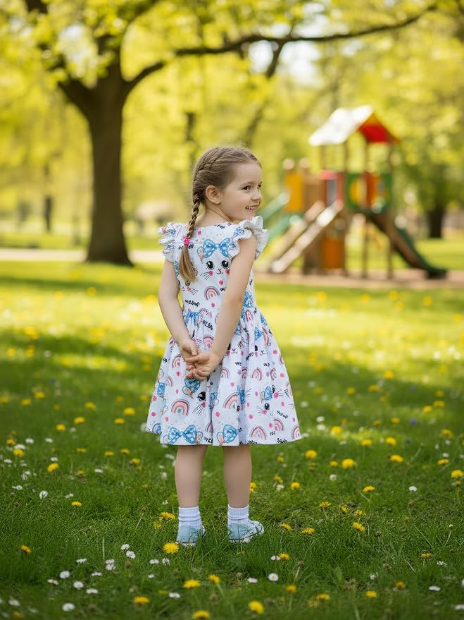 Popshion Girls Dresses Flutter Sleeve Swing Sundress Toddler Summer Clothes Kid Birthday Party Sleeveless Dress 1-8 Years Old