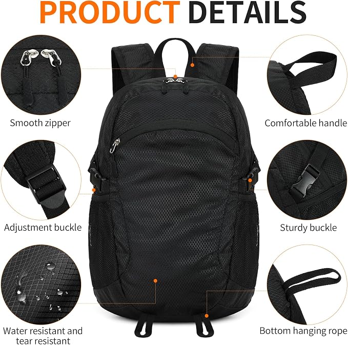 Small Hiking Backpack Travel Lightweight Hiking Packable Daypack Water-Resistant Foldable Ultralight Backpacks 15L for Travel Women Men Camping (Black)