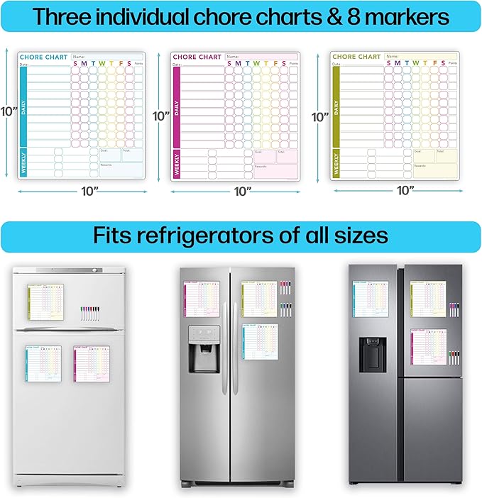 3 Pcs Responsibility Chore Chart Set for Multiple Users, Teens & Adults - Pocket Charts - Fridge Magnetic Whiteboard Set - 3 Individual Dry Erase Organization Charts (10"x10" Each) & 8 Markers