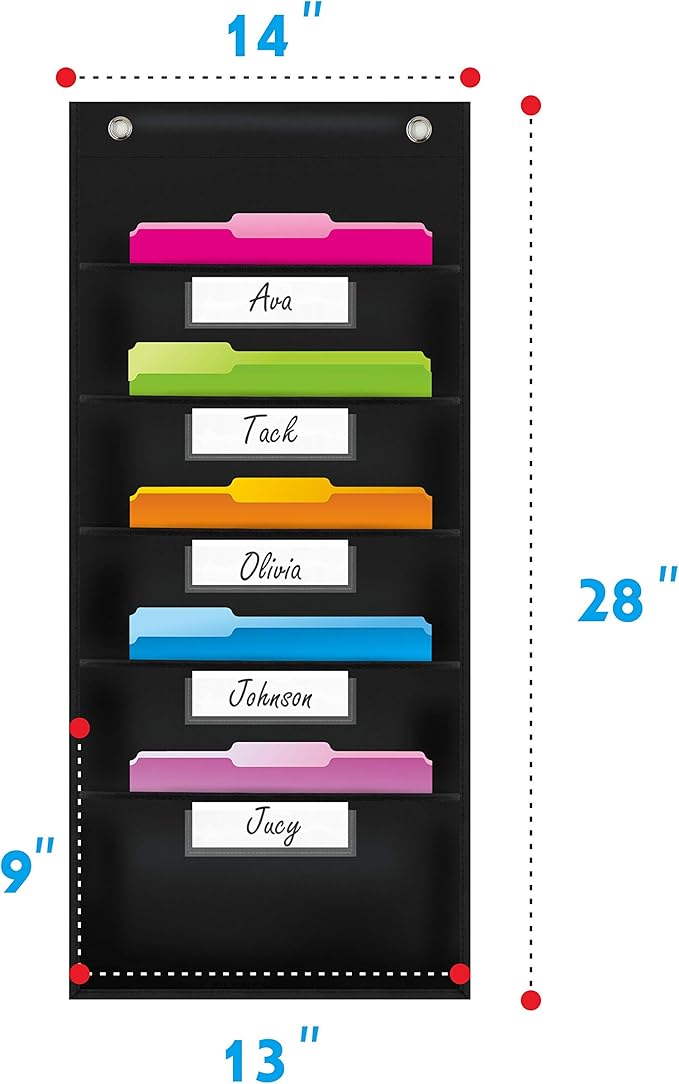 Vantasii Organization Pocket Chart, Wall File Organizer Folder with 5 File Pockets, 5 Dry-Erase Name Cards Plus 2 Over Door Hooks, 14 X 28 inch