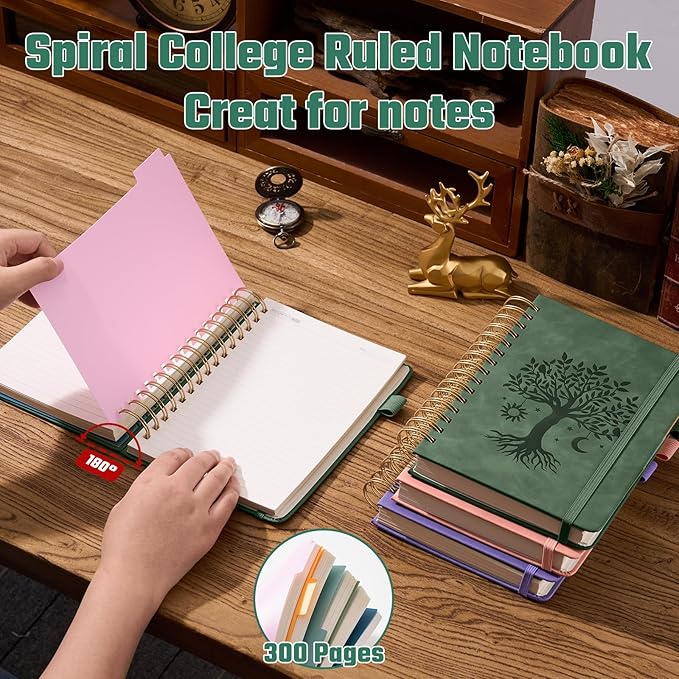 Ovesmusl Hardcover Spiral Notebook 6.1" x 8.4" with 5 Removable Dividers 300 Pages Leather 5 Subject Notebook College Ruled 100GSM Large Spiral Notebooks for Work Thick Lined Journal for Women, Green