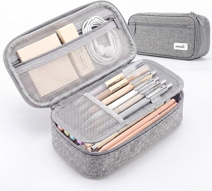 WEMATE Pencil Case, Large Capacity Pencil Pouch, Big Storage Organizer | for Stationery, Zipper Pen Bag, Travel Pen Box, Office Organizer Makeup Bag, for Men Women Light Grey