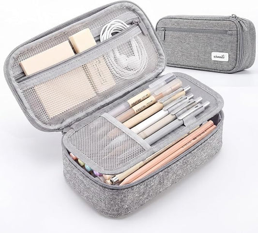 WEMATE Pencil Case, Large Capacity Pencil Pouch, Big Storage Organizer | for Stationery, Zipper Pen Bag, Travel Pen Box, Office Organizer Makeup Bag, for Men Women Light Grey