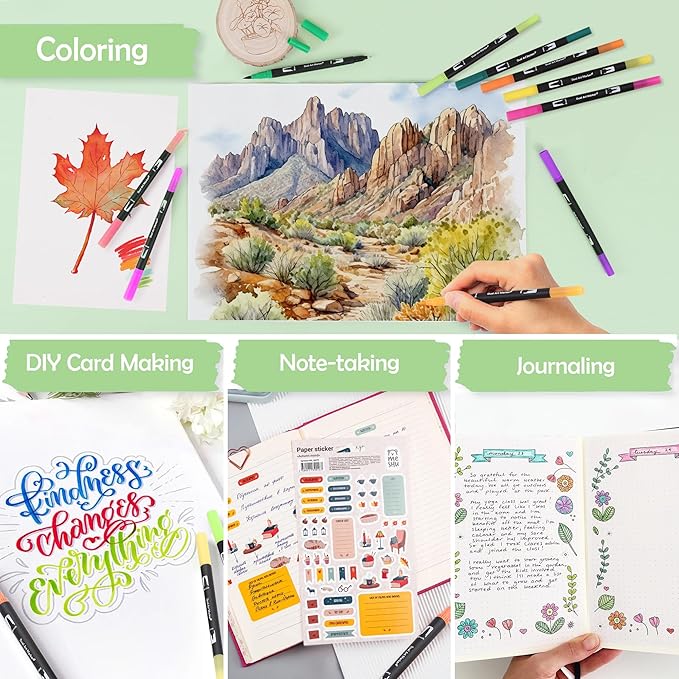 nauets 100 Colors Brush & Fine Dual Tip Watercolor Markers for Adult Coloring Books No Bleeding Professional Paint Pens For Drawing Note taking Planner Calligraphy Journaling Card Making Art Supplies