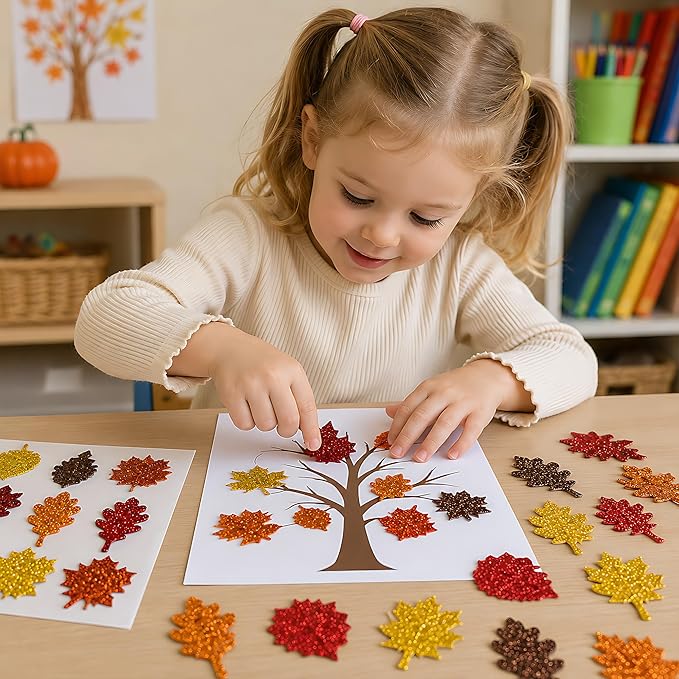 Fall Decor - Maple Leaf Glitter Foam Stickers | 138 PCS Self Adhesive Fall Stickers - Thanksgiving Crafts for Kids -Friendsgiving Party Supplies Favors for Halloween Gifts