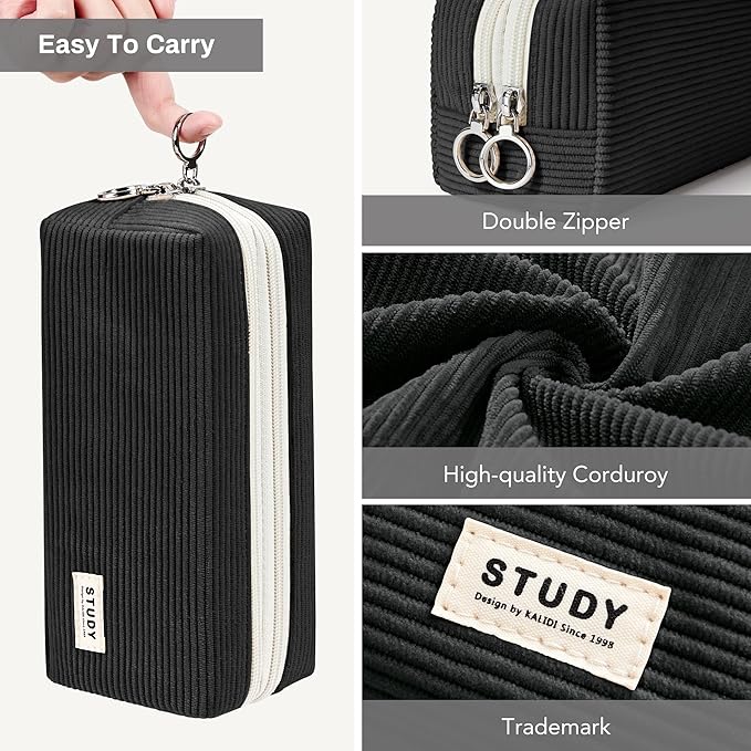 KALIDI Large Pencil Case Corduroy Pencil Pouch Box Cute School Supplies for Teen Girls Boys, Black