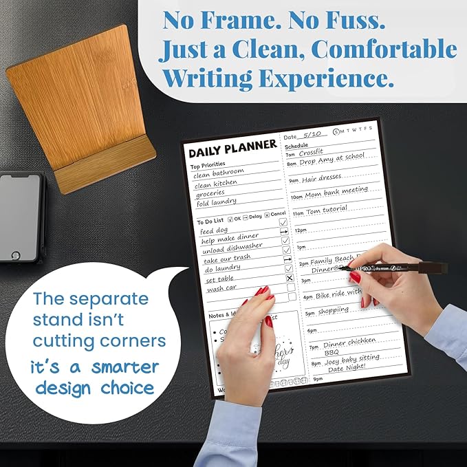 JJPRO Reusable Desktop Daily Planner with Stand,Reusable Time Schedule Board,11"x8.5" Hourly Schedule Dry Erase Board with Time Slots,Desk Hourly Dry Erase Board with Engineered Wood Stand