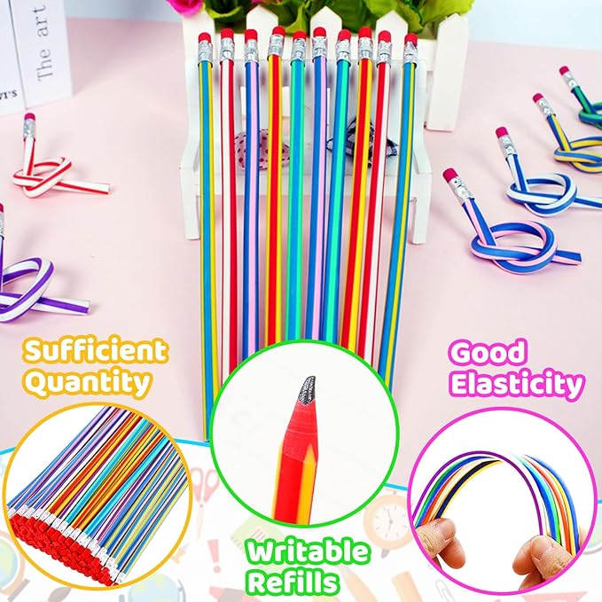 45 Pieces Flexible Soft Pencil,Colorful Stripe Rubber Pencils,Magic Bendable Pencils with Erasers for Kids Students Gift,School Supplies