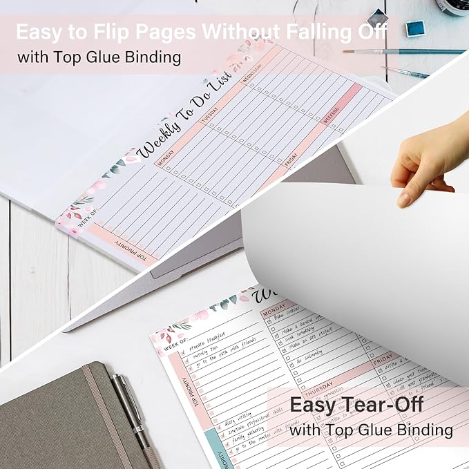 Weekly To Do List Notepad - 52 Undated Glue Bound Tear-Off Sheets (8.5"x11") for Desk Planning | Home, Work & School Organization Pad for Women & Men (Pink)