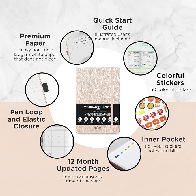 Wordsworth & Black A5 Undated Weekly, Monthly Planner, A5 Paper, Rose Gold