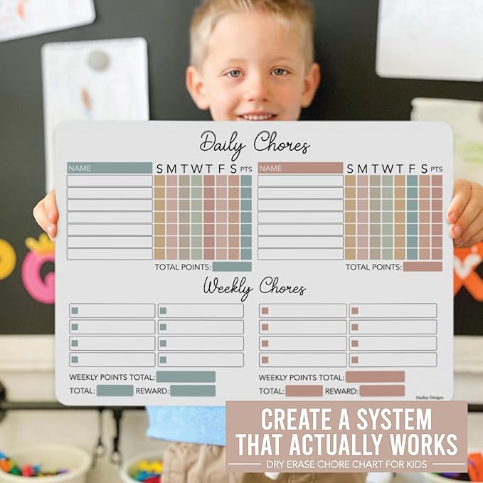 Hadley Designs Magnetic Chore Chart for Kids Multiple - Chores Board for Refrigerator, Dry Erase Task Chart for 2 Kids Daily Behavior, Family Weekly Planner Teens and Adults, Boho Pastel Chore Board