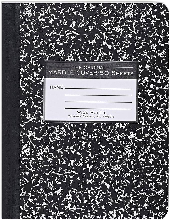 ROARING SPRING Hard Cover Composition Notebook, Black Marble Comp Book, 9.75″ x 7.5″, Wide-Ruled with Margin, 50 Sheets (100 Pages), Made in USA