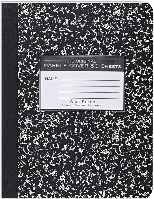 ROARING SPRING Hard Cover Composition Notebook, Black Marble Comp Book, 9.75″ x 7.5″, Wide-Ruled with Margin, 50 Sheets (100 Pages), Made in USA