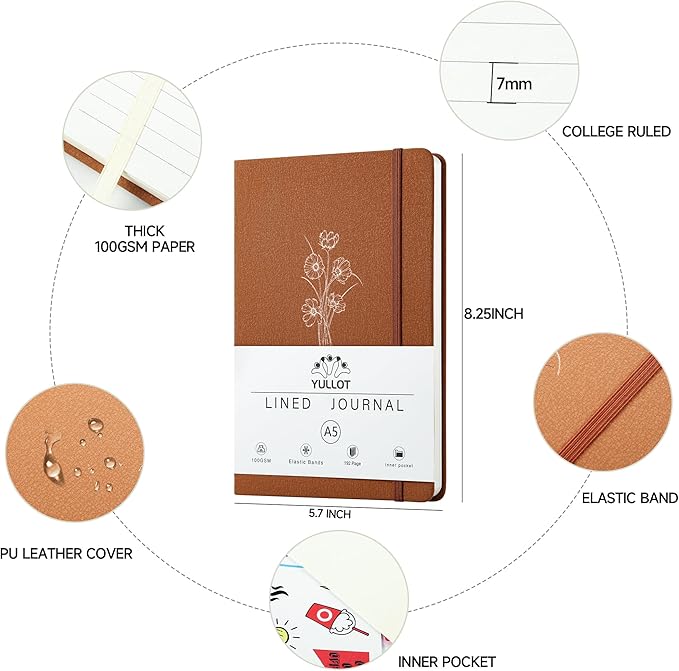 Lined Journal Notebook –A5 PU Leather Hardcover Notebook, 100gsm Thick Bleedproof Paper with Inner Pocket – 192Pages Lined Writing Journal for Students Women Note Taking - Terracotta Orange