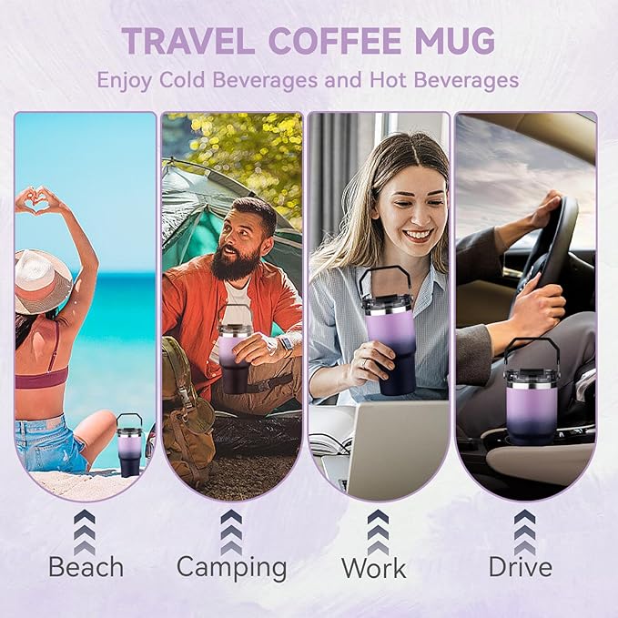 20oz Tumbler with Handle and Flip Straw Lid Double Wall Insulated Travel Coffee Mug Stainless Steel Vacuum Coffee Tumbler Cup for Hot and Cold Drinks Leak-proof&BPA-free（20oz,Light purple Navy blue）
