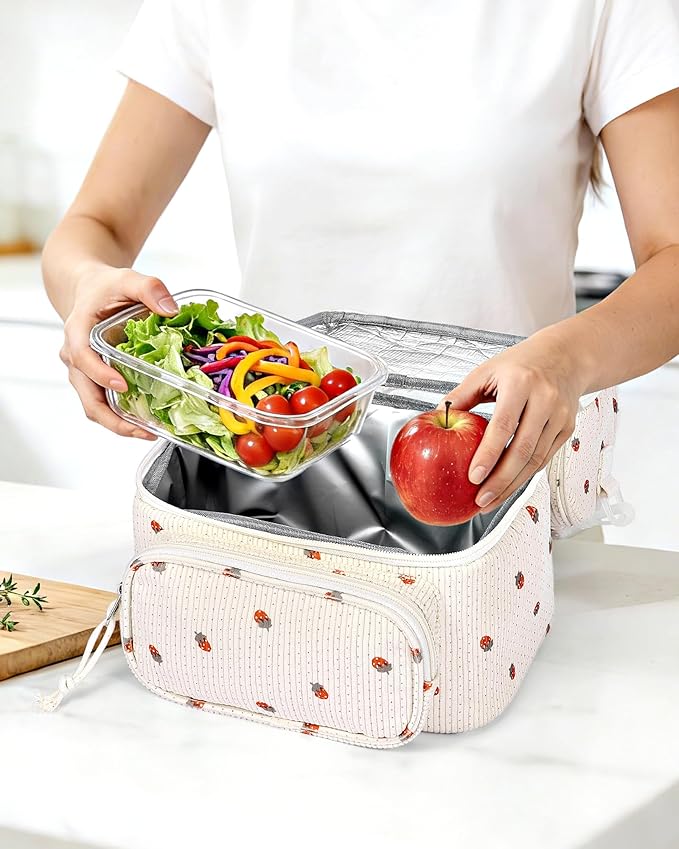 HowFly Lunch Bag for Women Insulated Lunch Boxes Corduroy Resuable Lunch Box for Girls Teens Kigs Boys Portable Thermal Cooler Bags for School Work, Beige Strawberry (Red)