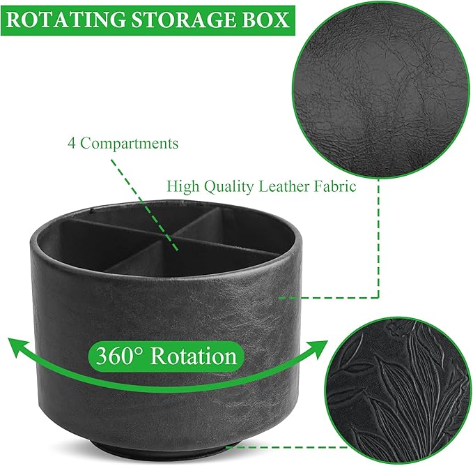 Round Leather Art Supply Organizer,Remote Control Holder,360 Degree Spinning,Multi-Functional Pencil Holder,4 Compartments Desktop Stationary Organizer(1-Oil Black)