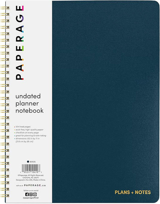 PAPERAGE Undated Daily Planner & To Do List Notepad (Navy), 8.5 in x 11 in, Spiral Bound Planner Notebook for Work, School or Home, 104 Lined Pages With Date Tracker for Plans & Notes