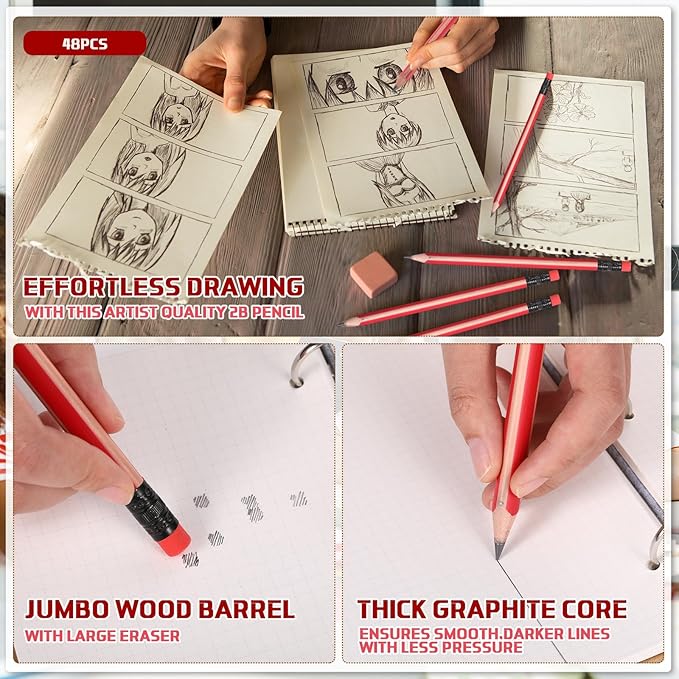 Seajan 48 Pcs 6B Jumbo Pencils, Big Fat Thick Triangular Grip 7 Inch Large Pencils Refill with Eraser for Kid Beginner Preschooler Kindergarten School Office Writing Christmas(Red)