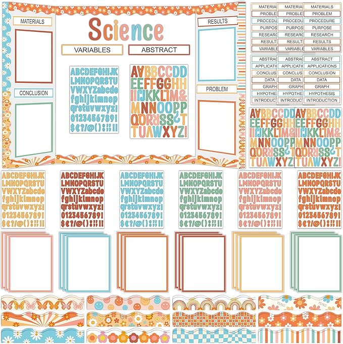 122Pcs Science Fair Board Supplies 72 Groovy Hippie Trim Scalloped Borders 36 Presentation Board Subtitles 6 Self Adhesive Project Titles 8 Letter Stickers for Classroom Office Decor(Groovy)