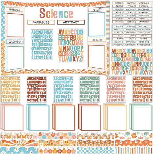 122Pcs Science Fair Board Supplies 72 Groovy Hippie Trim Scalloped Borders 36 Presentation Board Subtitles 6 Self Adhesive Project Titles 8 Letter Stickers for Classroom Office Decor(Groovy)