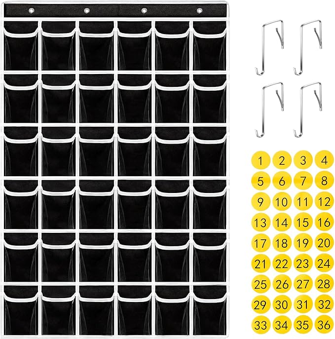 ANSTROUT 36 Clear Pockets Classroom Pocket Chart for Cell Phones,Pocket Chart Organizer for Calculator Holder with 36 Number Sticker Classroom Hanging Cell Phones Organizer (Black)