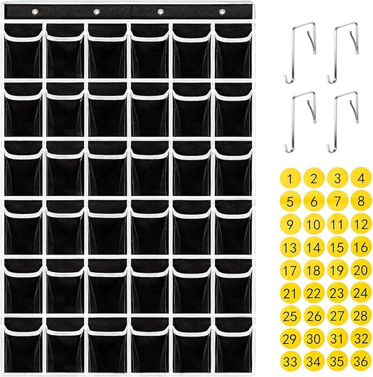 ANSTROUT 36 Clear Pockets Classroom Pocket Chart for Cell Phones,Pocket Chart Organizer for Calculator Holder with 36 Number Sticker Classroom Hanging Cell Phones Organizer (Black)