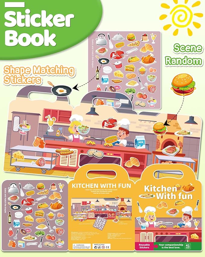 Benresive Reusable Sticker Book for Toddlers, Travel Stickers for Kids, Toddler Crafts Activities Toys, Birthday Gifts for Boys & Girls - Kitchen
