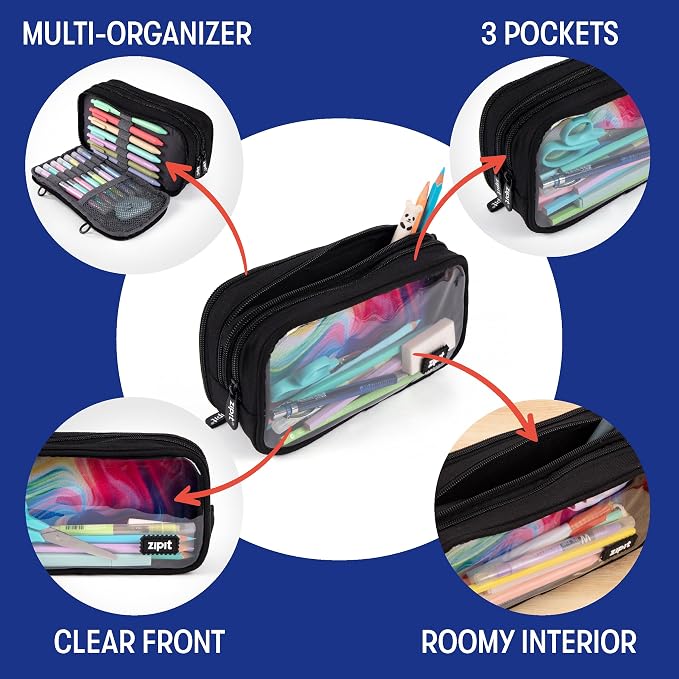 ZIPIT Half & Half Pencil Case, 3-Compartment Aesthetic Zipper Pouch, Black | Clear-front pencil case for school, dedicated organizer panels, holds up to 70 pens & pencils, durable easy-care polyester