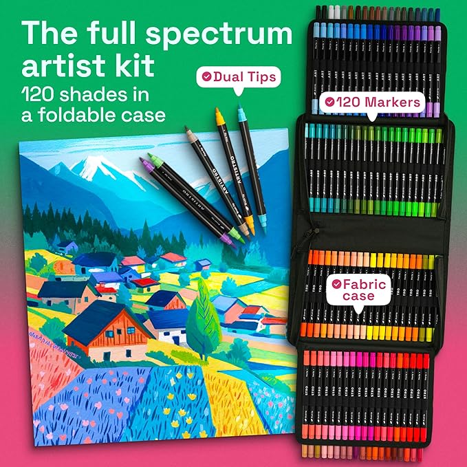ARTISTRO Acrylic Paint Pens With Storage Bag for Calligraphy - Markers With Brush and Fine Precision Tips - Multisurface Painting for Fabric, Rock, Glass, and More (120 Markers, Dual Tip Brush + Fine)