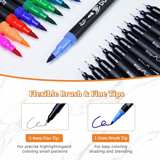 Brush Pens for Adult Coloring Books, 120 Colors Dual Tip Art Markers – Fine Tip for Outlining + Brush Tip for Coloring, Water-Based Non-Bleeding Markers for Journaling, Calligraphy, Hand Lettering