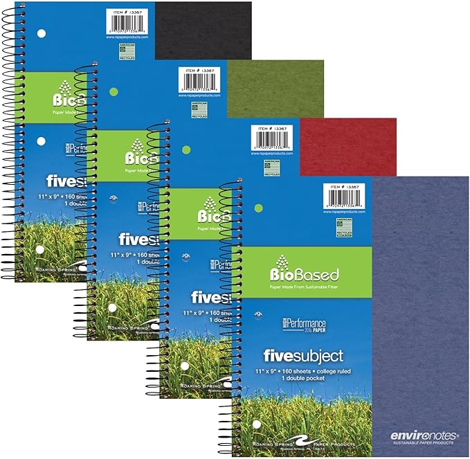 Roaring Spring Environotes Recycled Spiral Notebook, 5 Subject, 12 Pack, 11" x 9", 160 Perforated Sheets, 20 lb Bio-Based Paper, College Ruled w/ Margin, Assorted Earthtone Covers, Double Pocket, 4 Dividers, Made in USA