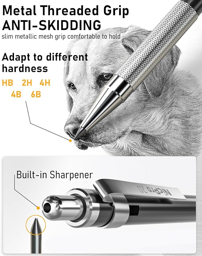 Nicpro 34PCS Black Art Mechanical Pencils Set, Metal Automatic Pencil 0.3, 0.5, 0.7, 0.9 mm & 2PCS 2mm Lead Holder (6B 4B 2B HB 2H 4H Colors) For Sketching Drawing With 19 Tube Lead Refills Case