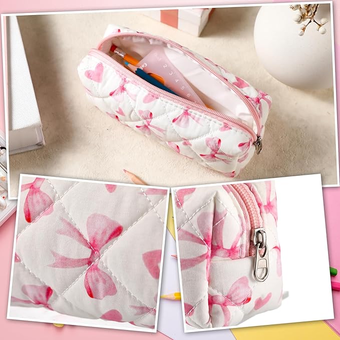 Sherr Coquette Bow Pencil Case Pink Bow Cute Pencil Pouch Soft Cotton Storage Bag Aesthetic Pattern Gift Makeup Pouch Cosmetic Travel Bag for Women