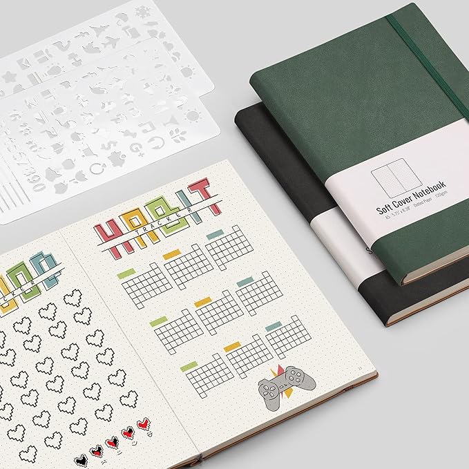 AHGXG Dotted Grid Journal 2 Pack - A5 Dot Grid Notebook Softcover, Medium 5.75'' × 8.38'', 320 Numbered Pages, 120gsm Thick Dotted Paper, Soft Leather Cover (Black Green)