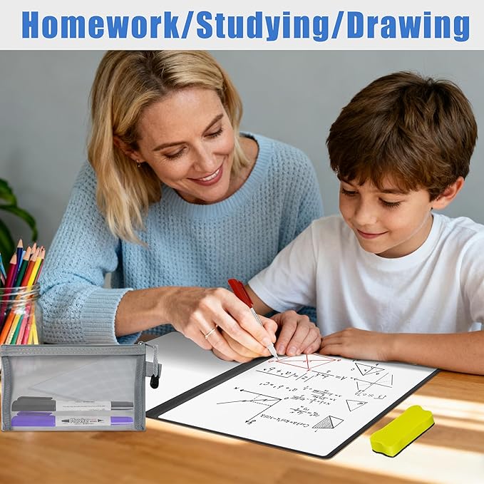Portable White Board Dry Erase Notebook 12" x 9" (A4), Double Sided Folding Reusable Whiteboard with 3 Markers & 1 Pen Bag, Anti-Ghosting & Anti-Smudg Surface Notebook for Study, Meeting (Black)