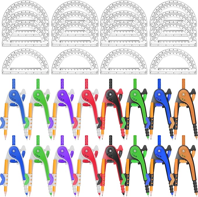 32 Pack Math Compass & Protractor Set Geometry Math 6 Inch Plastic Drawing Compass with Pencils Protractor for Geometry Bulk for Math Student Classroom School Office Woodworking Art Drawing